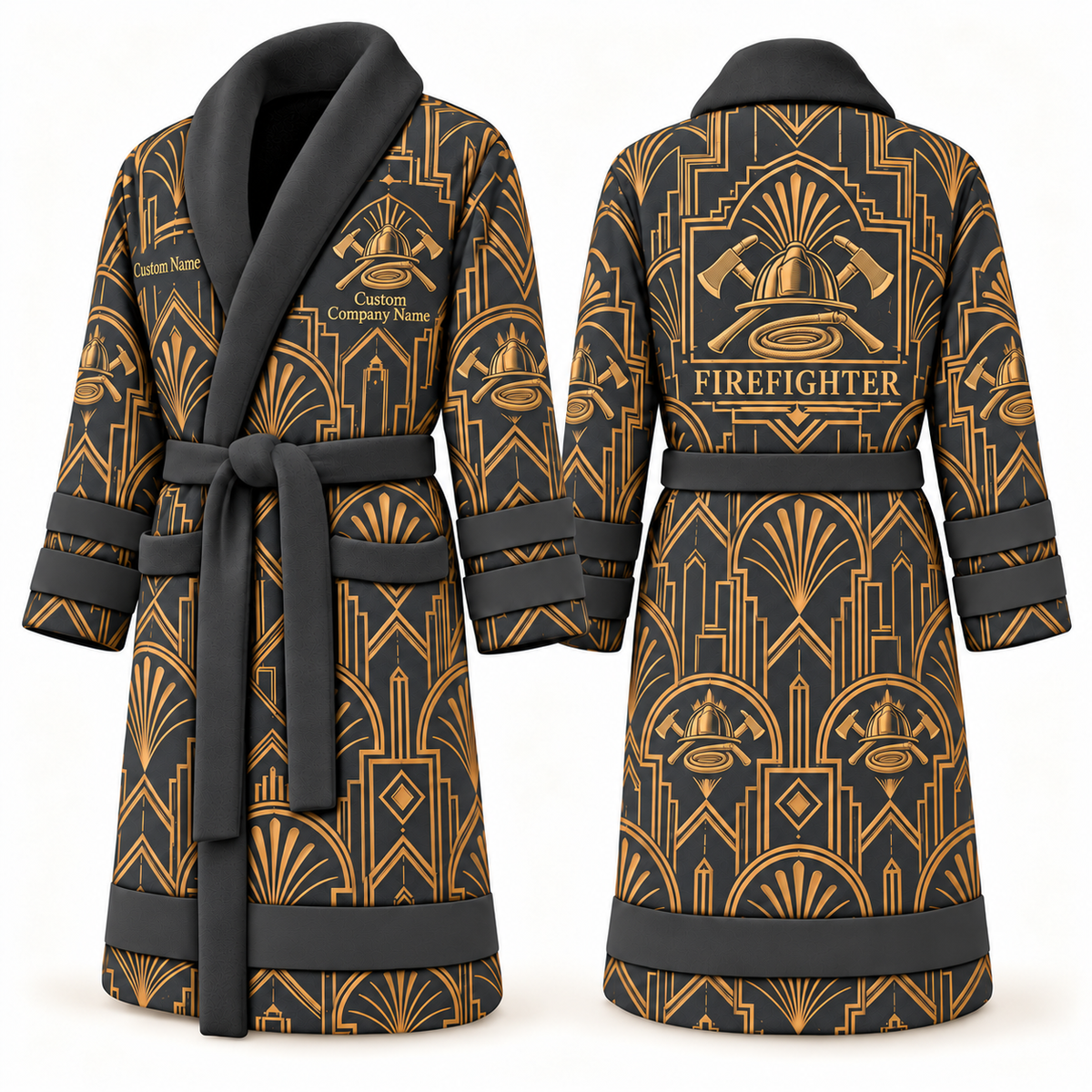 Personalized Firefighter Bathrobe - Art Deco Craft slate front and back view