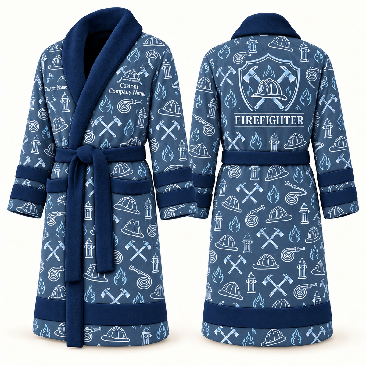 Personalized Firefighter Bathrobe blue front and back