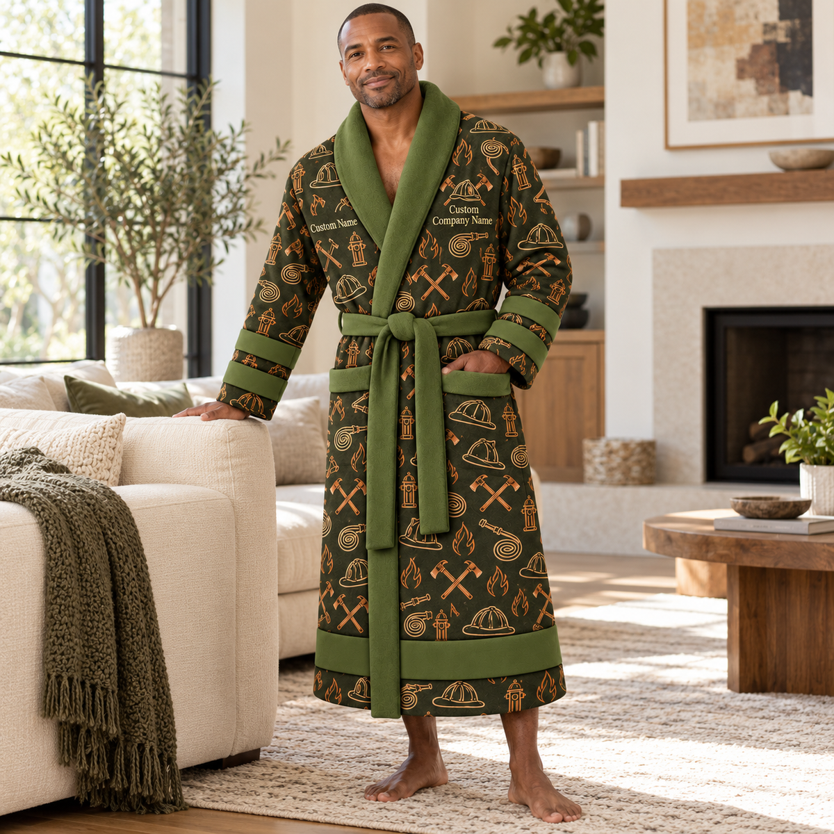 Personalized Firefighter Bathrobe Olive worn at home