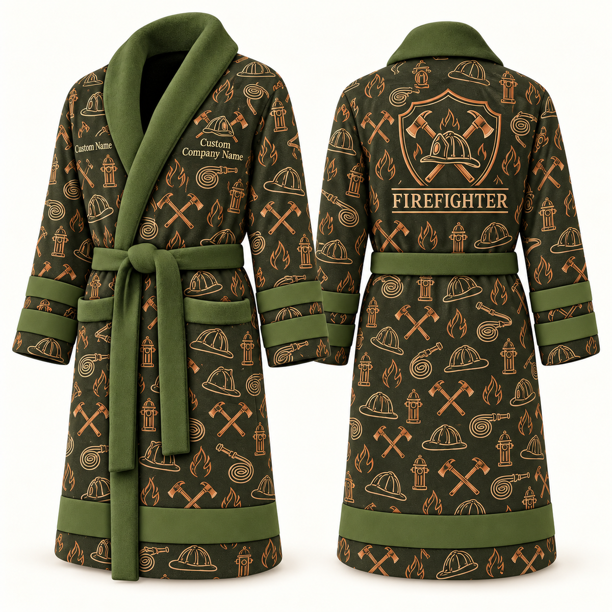 Personalized Firefighter Bathrobe olive front and back
