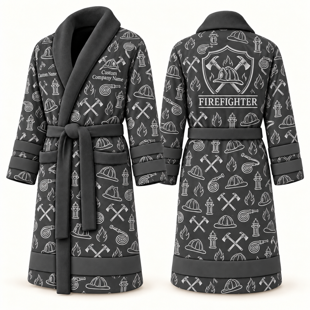 Personalized Firefighter Bathrobe slate front and back