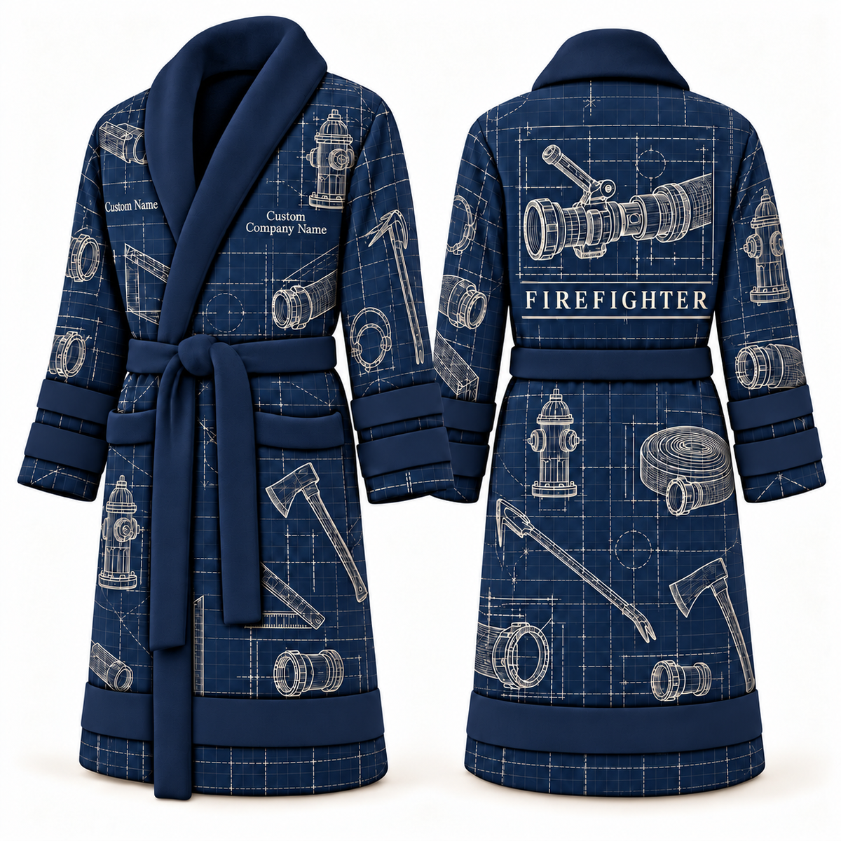 Personalized Firefighter Bathrobe - Blueprint Workshop blue front and back view