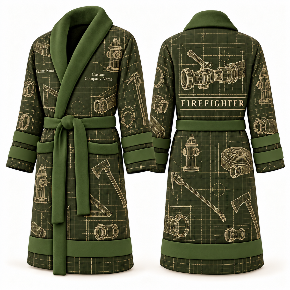Personalized Firefighter Bathrobe - Blueprint Workshop olive front and back view
