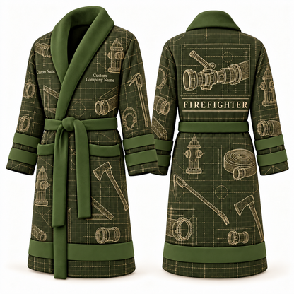 Personalized Firefighter Bathrobe - Blueprint Workshop olive front and back view