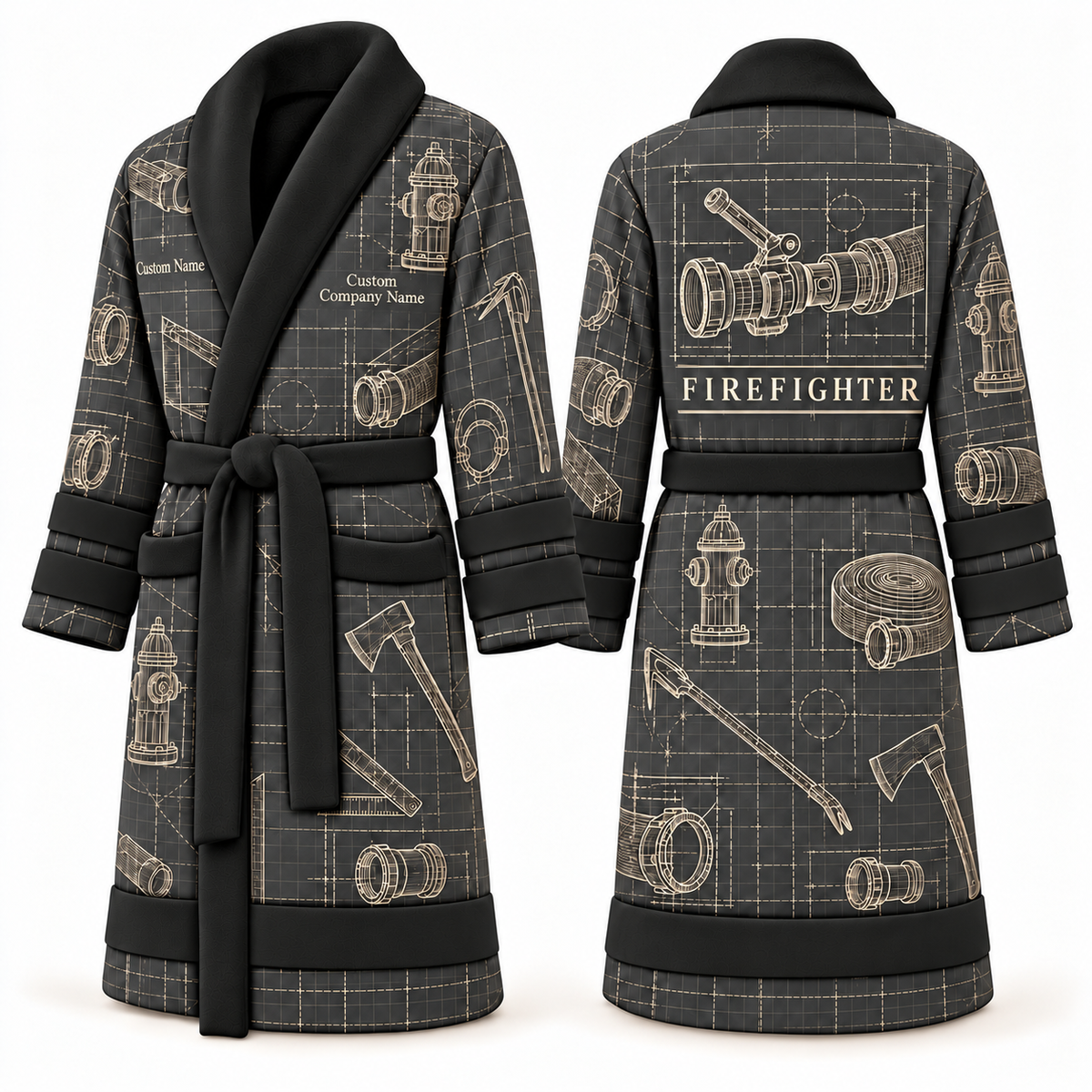 Personalized Firefighter Bathrobe - Blueprint Workshop slate front and back view