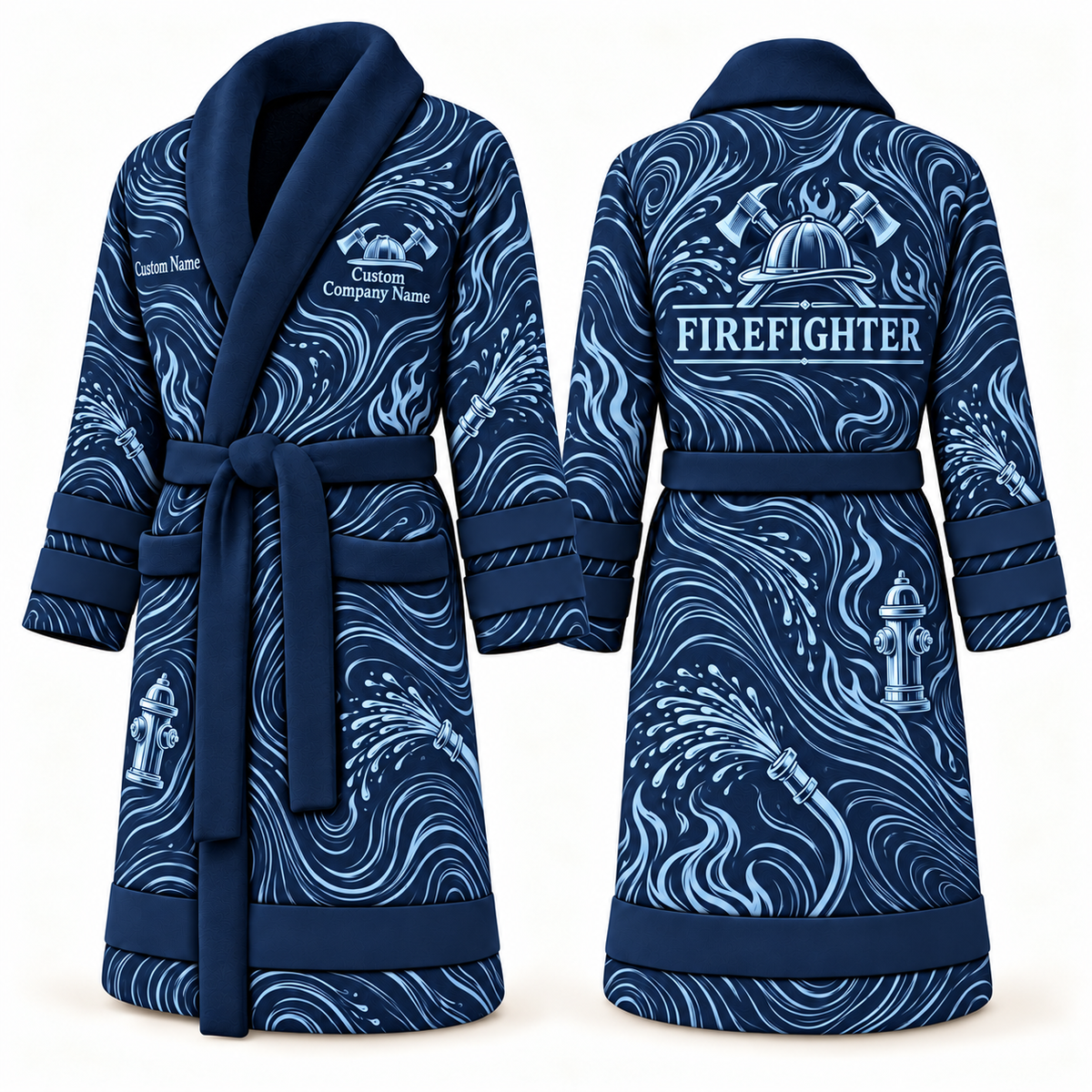 Personalized Firefighter Bathrobe - Contour Lines blue front and back view