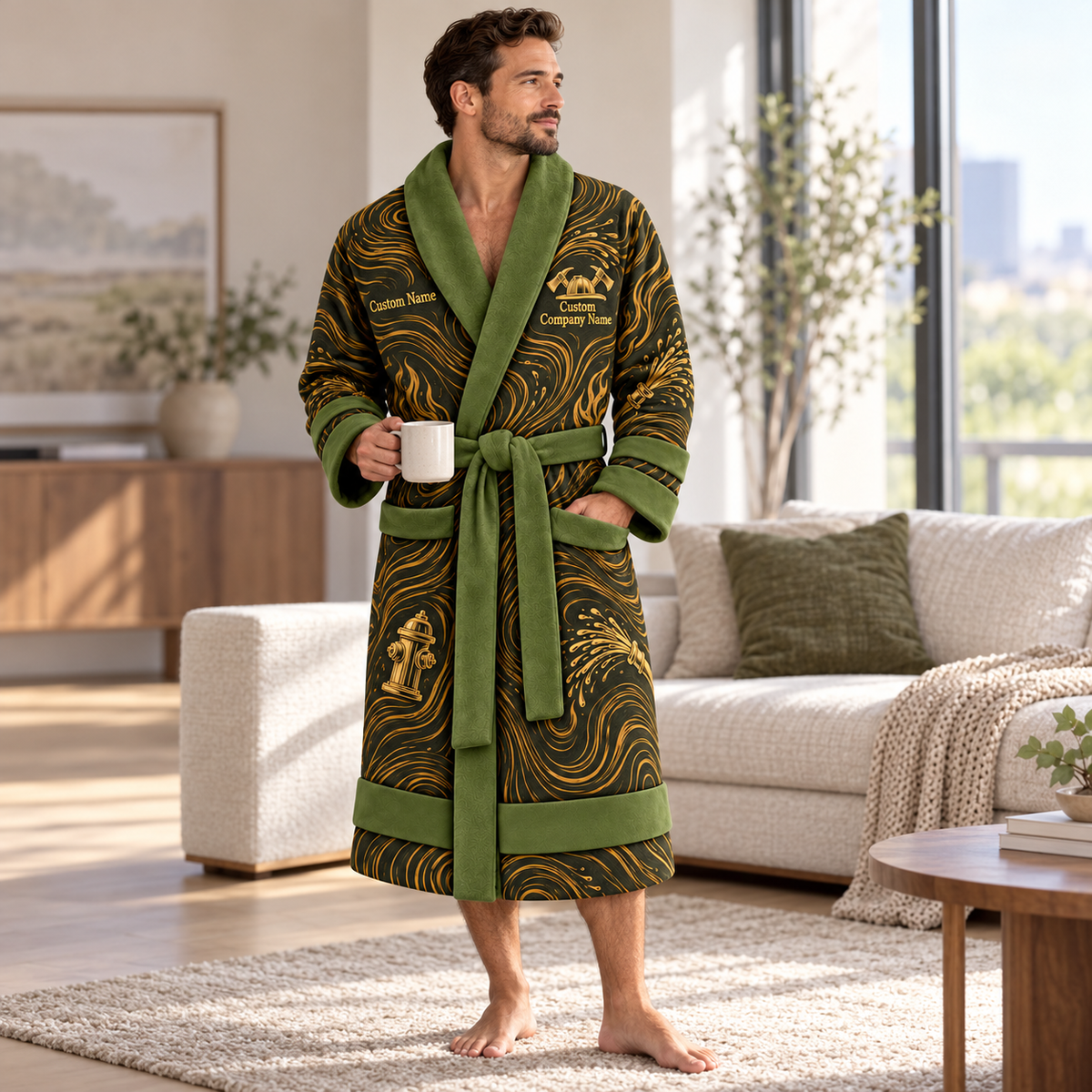 Personalized Firefighter Bathrobe - Contour Lines lifestyle view