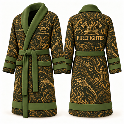 Personalized Firefighter Bathrobe - Contour Lines olive front and back view