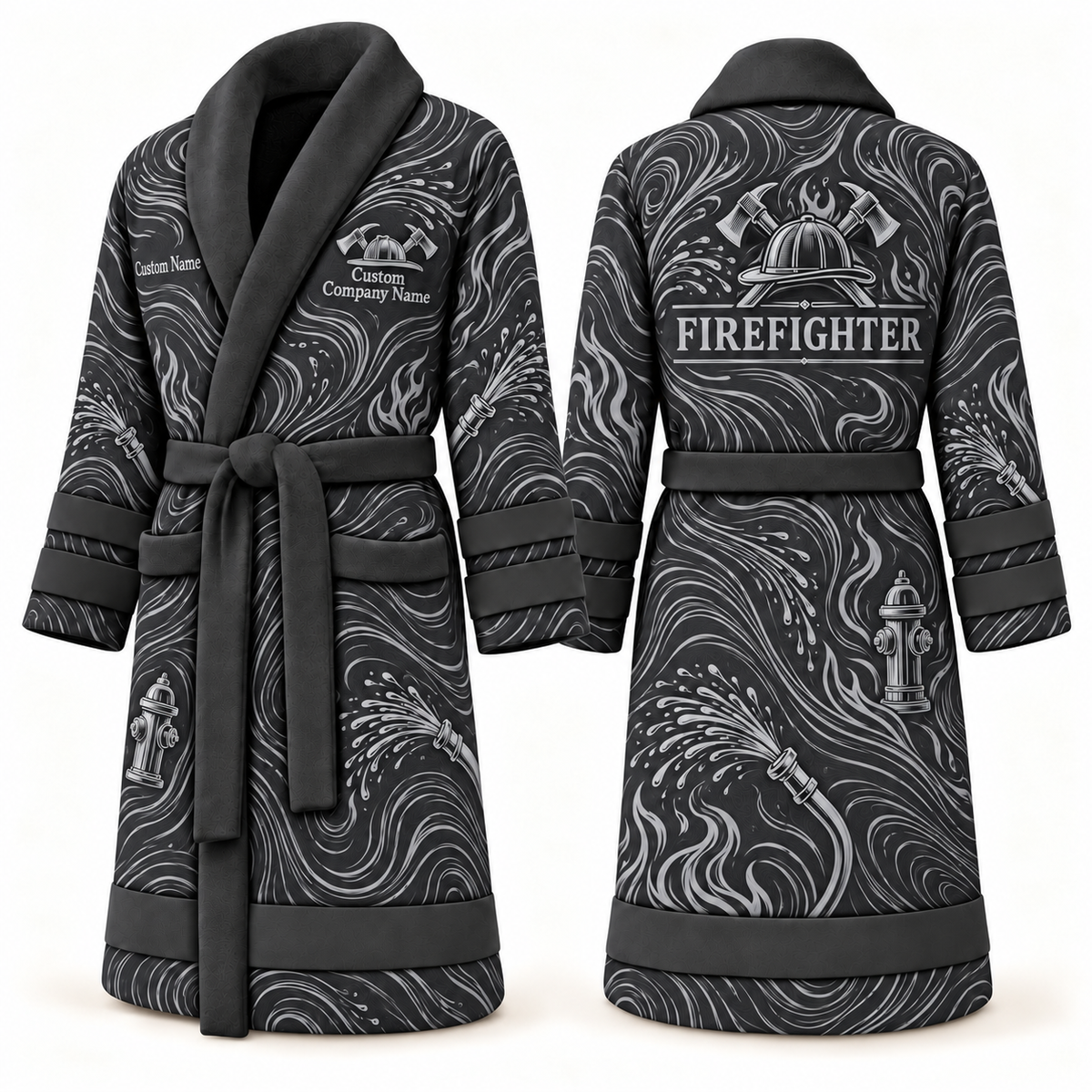 Personalized Firefighter Bathrobe - Contour Lines slate front and back view