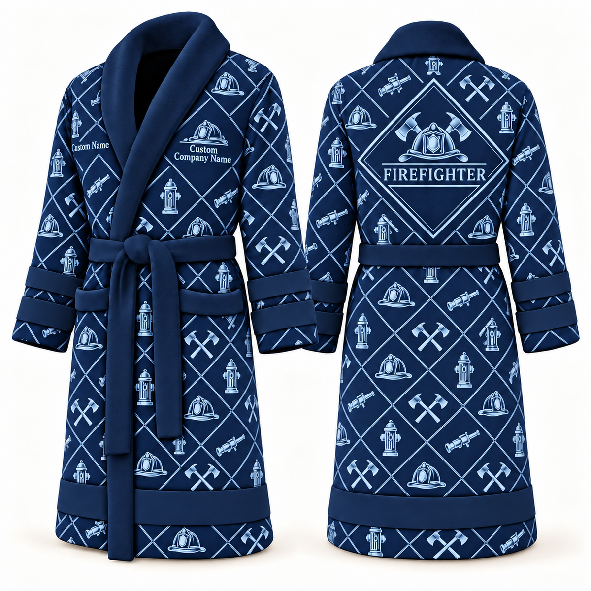 Personalized Firefighter Bathrobe - Diamond Emblems blue front and back view