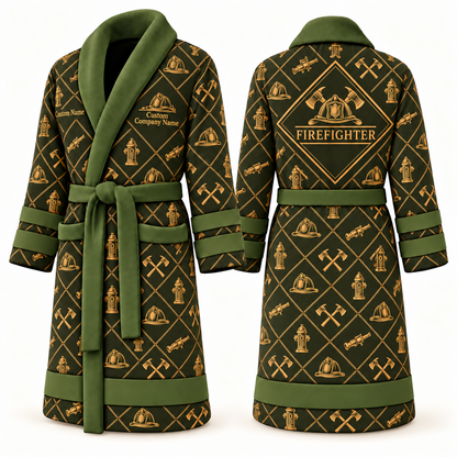 Personalized Firefighter Bathrobe - Diamond Emblems olive front and back view