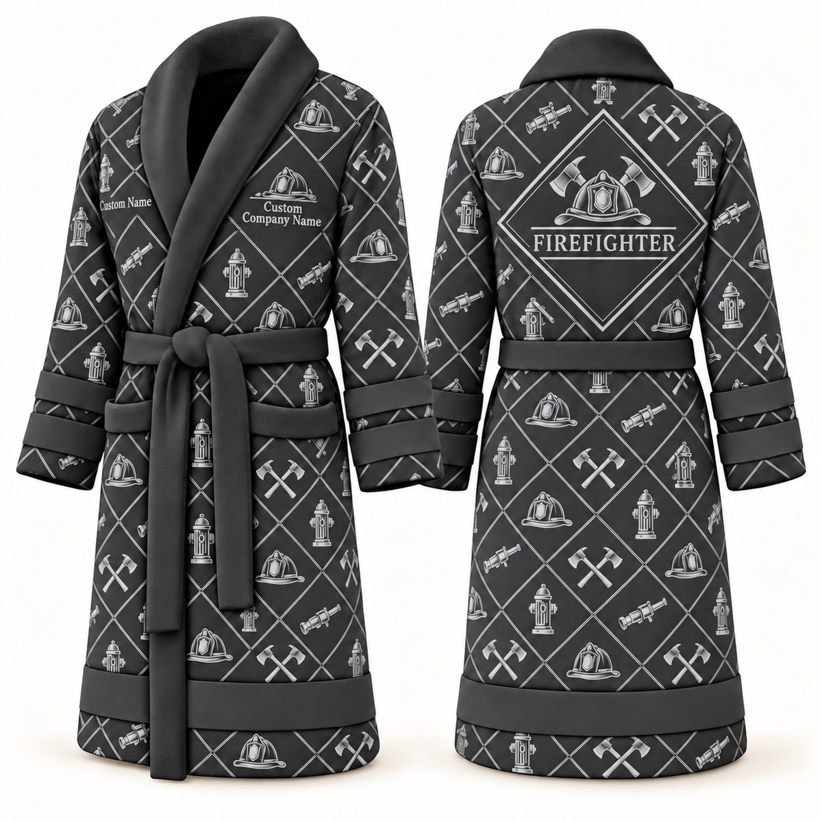 Personalized Firefighter Bathrobe - Diamond Emblems slate front and back view