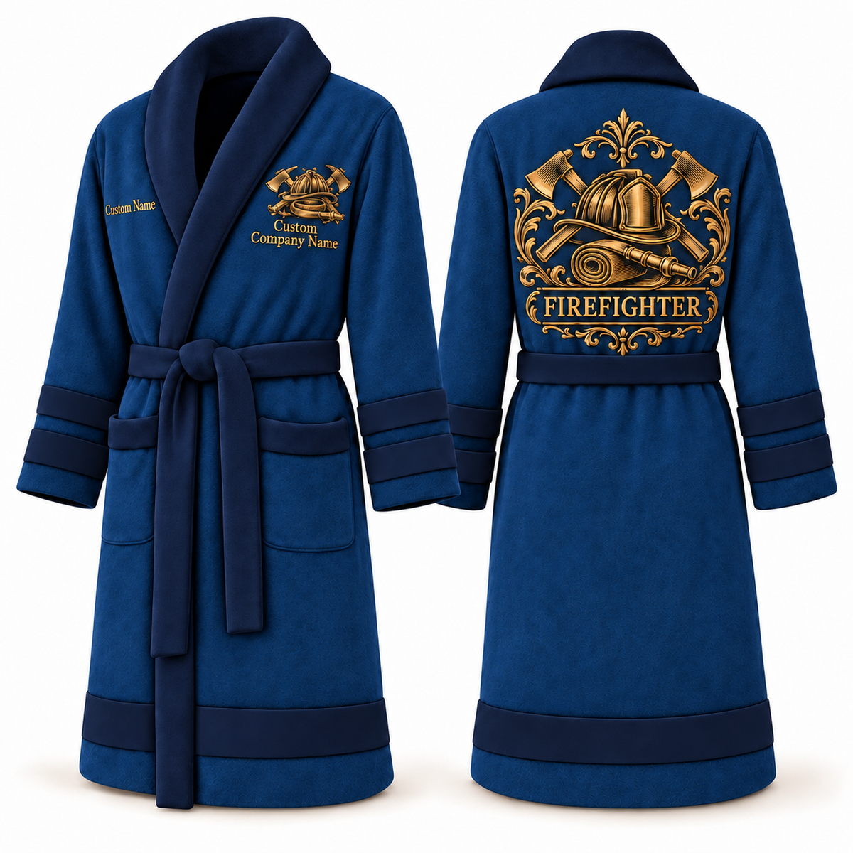 Personalized Firefighter Bathrobe - Heritage Crest blue front and back view