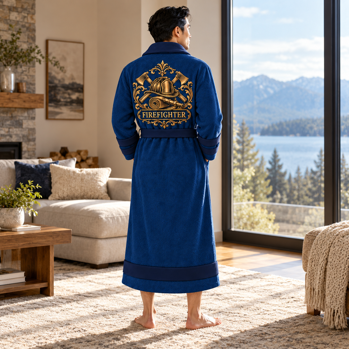 Personalized Firefighter Bathrobe - Heritage Crest lifestyle view