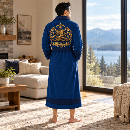 Personalized Firefighter Bathrobe - Heritage Crest lifestyle view