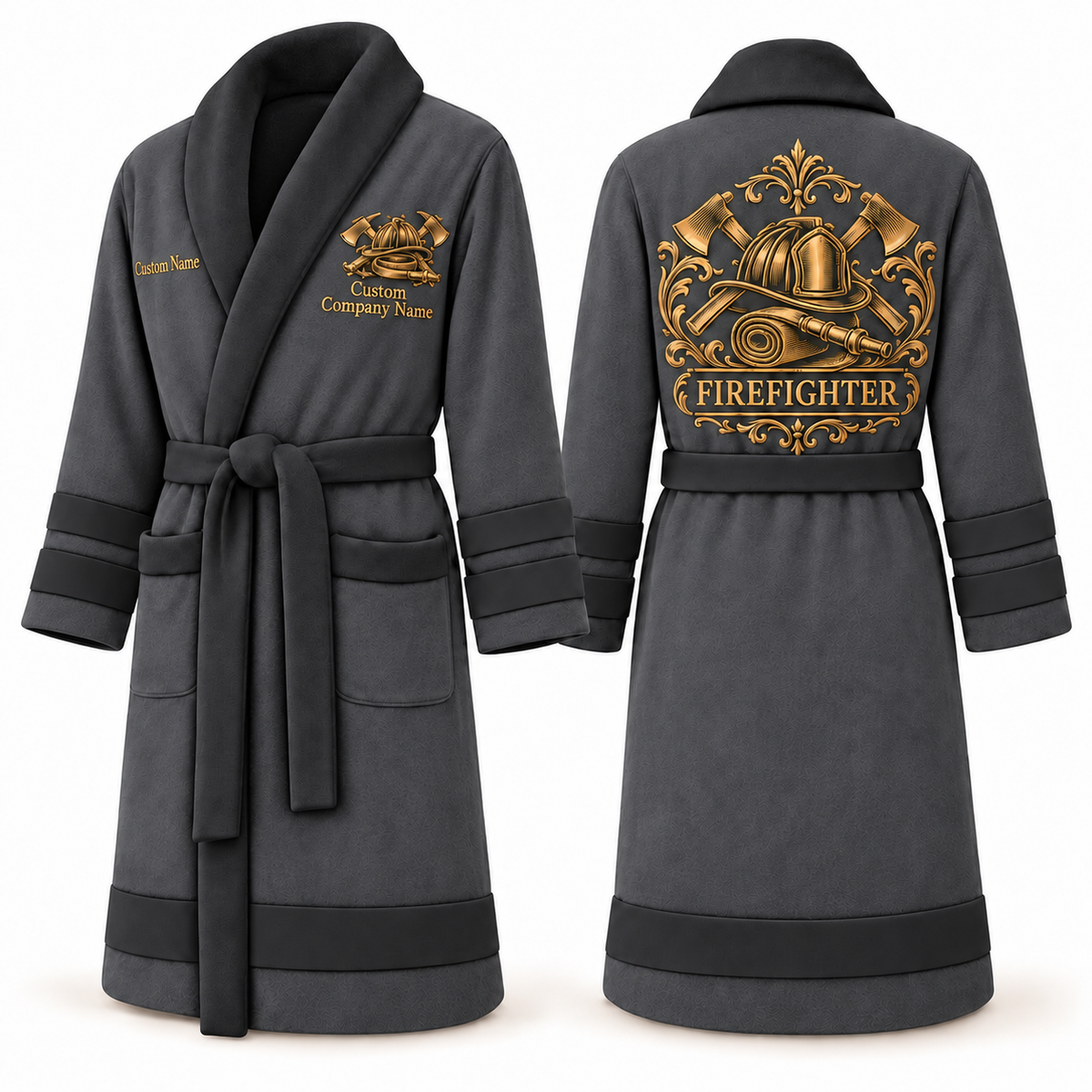 Personalized Firefighter Bathrobe - Heritage Crest slate front and back view