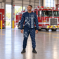 firefighter occupation-themed sweater and jogger combo on a model with name and company artwork