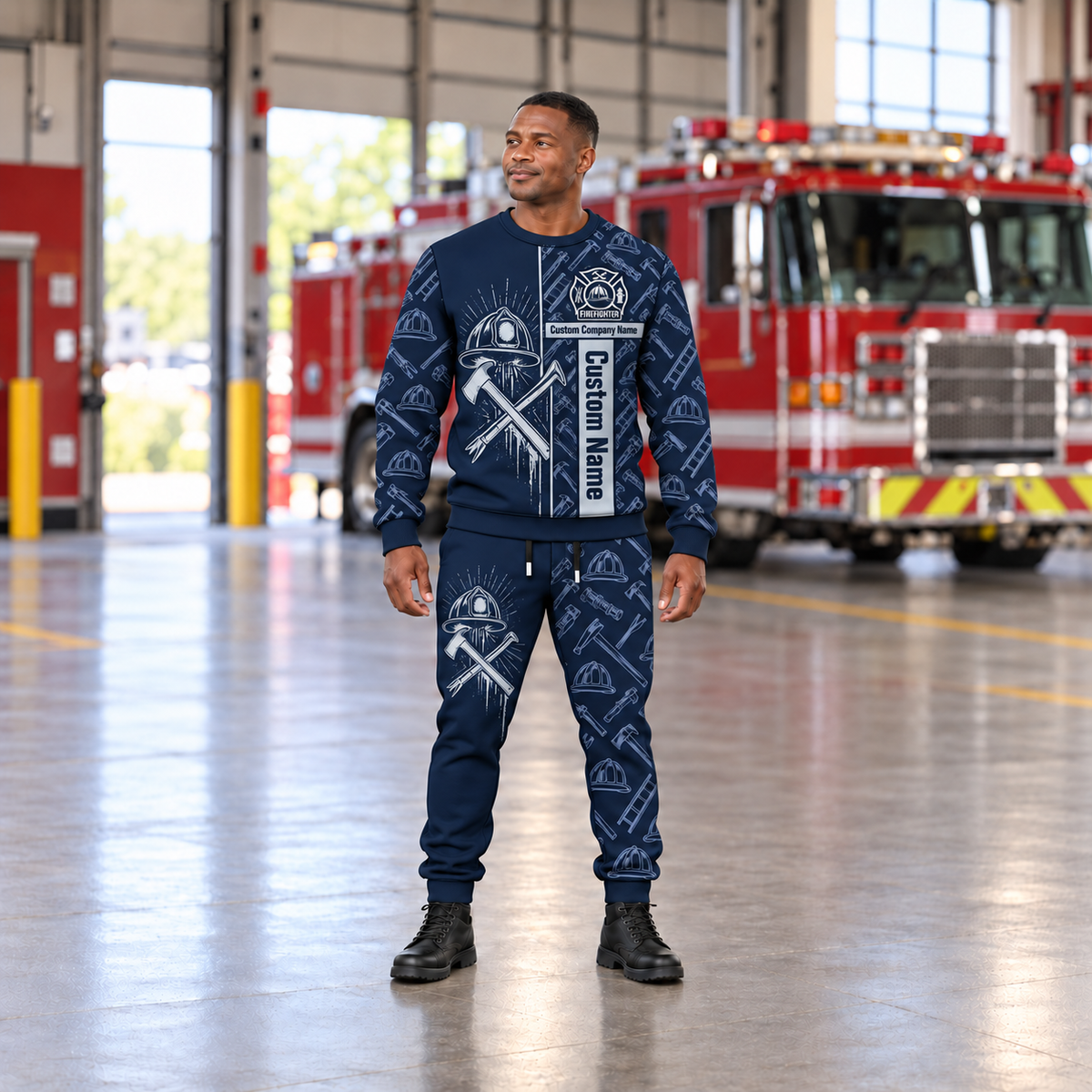 firefighter occupation-themed sweater and jogger combo on a model with name and company artwork