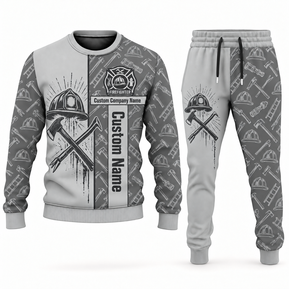 firefighter occupation-themed sweater and jogger combo lightgray color with name and company artwork