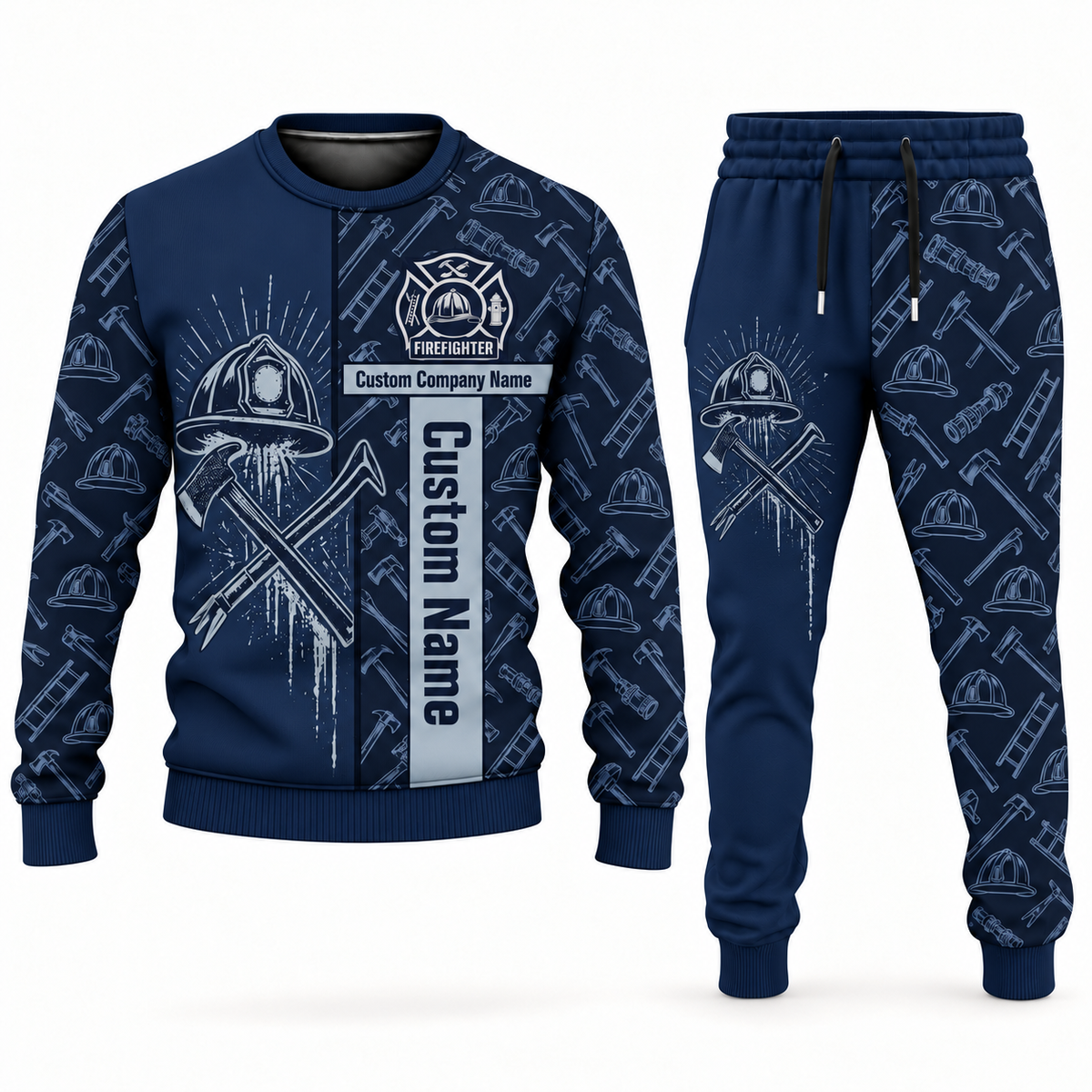 firefighter occupation-themed sweater and jogger combo navy color with name and company artwork