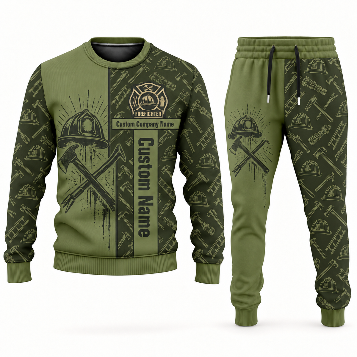 firefighter occupation-themed sweater and jogger combo olive color with name and company artwork