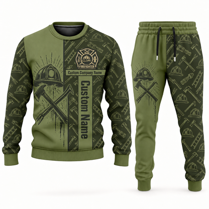 firefighter occupation-themed sweater and jogger combo olive color with name and company artwork