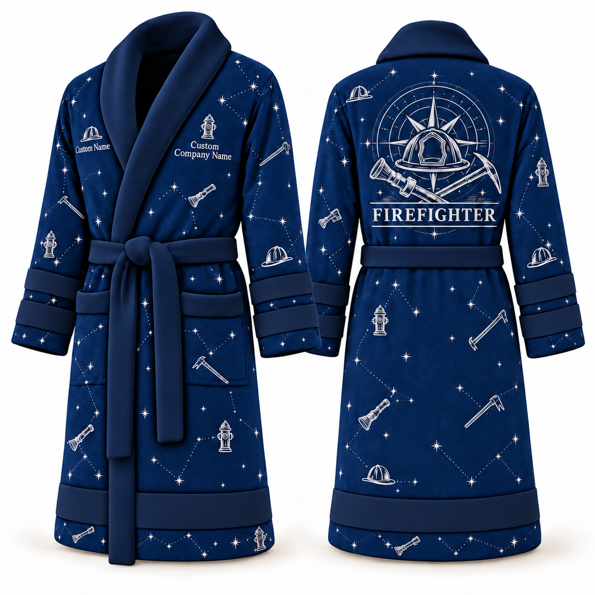 Personalized Firefighter Bathrobe - Night Shift blue front and back view