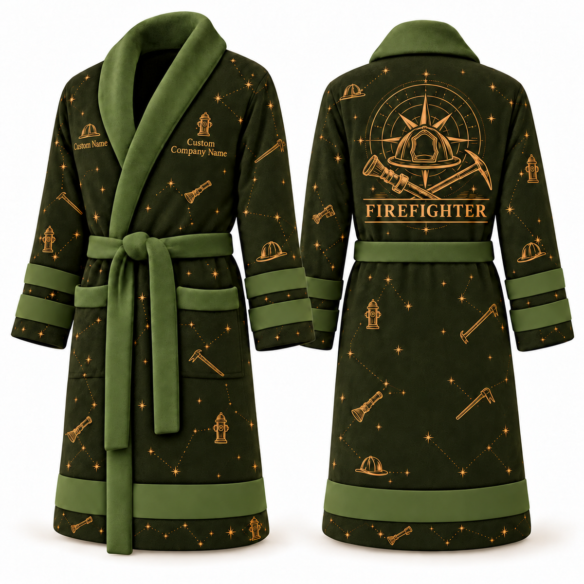 Personalized Firefighter Bathrobe - Night Shift olive front and back view