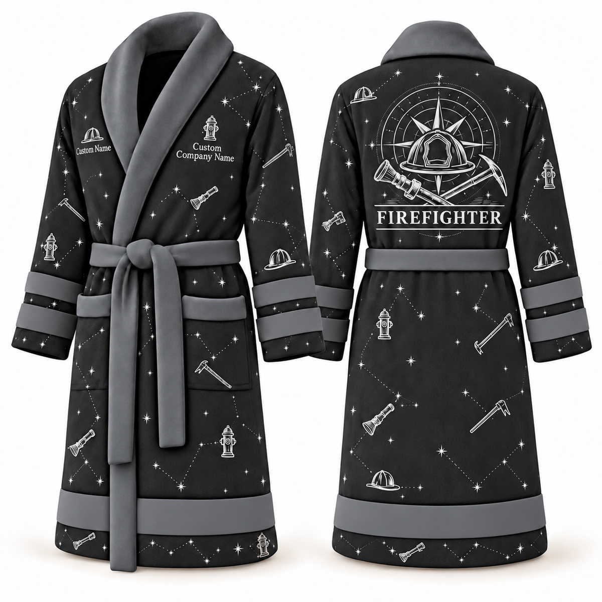 Personalized Firefighter Bathrobe - Night Shift slate front and back view