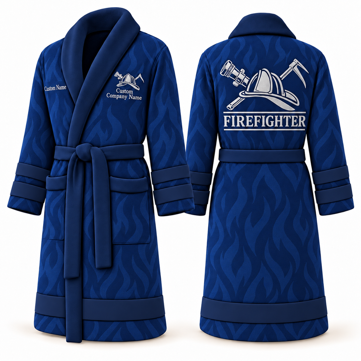 Personalized Firefighter Bathrobe - Signature Silhouette blue front and back view