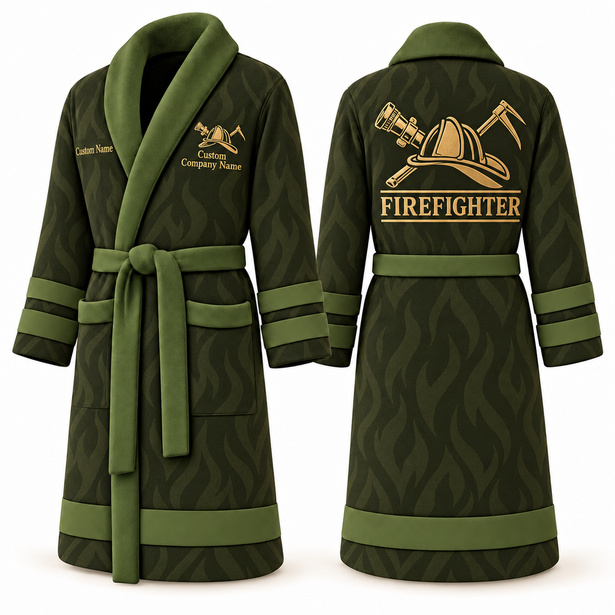 Personalized Firefighter Bathrobe - Signature Silhouette olive front and back view
