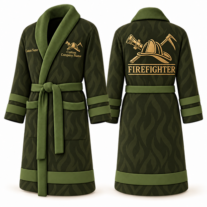 Personalized Firefighter Bathrobe - Signature Silhouette olive front and back view