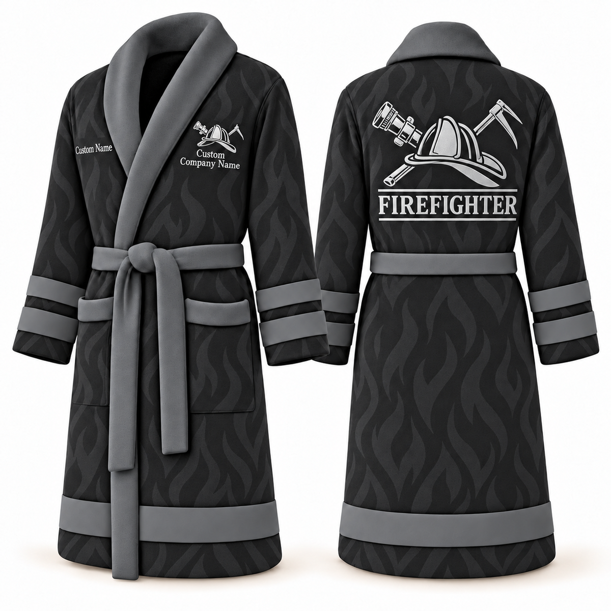 Personalized Firefighter Bathrobe - Signature Silhouette slate front and back view