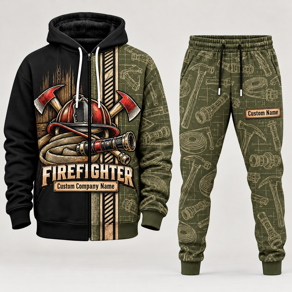 firefighter full-zip hoodie and matching joggers - olive catalog view
