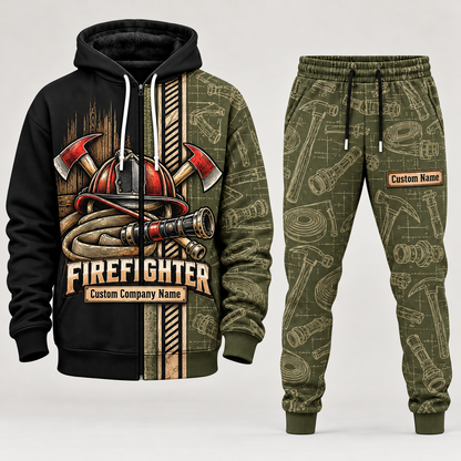 firefighter full-zip hoodie and matching joggers - olive catalog view