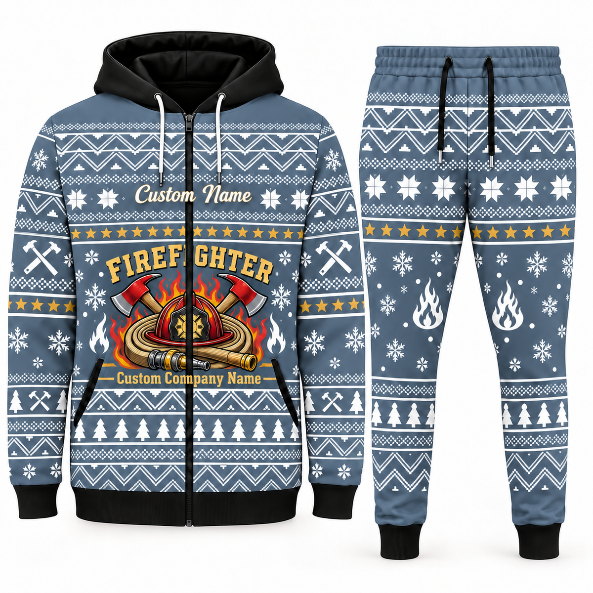 firefighter blue-gray Winter Snowflake full-zip hoodie and jogger combo with Custom Name and Custom Company Name