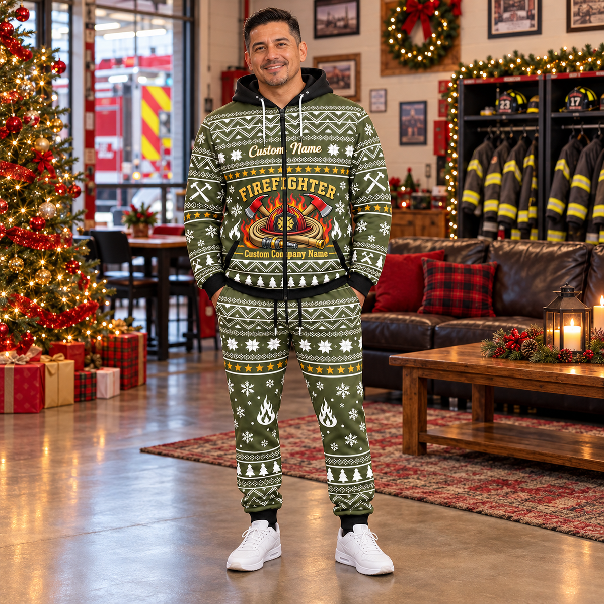 firefighter hero Winter Snowflake full-zip hoodie and jogger combo with Custom Name and Custom Company Name
