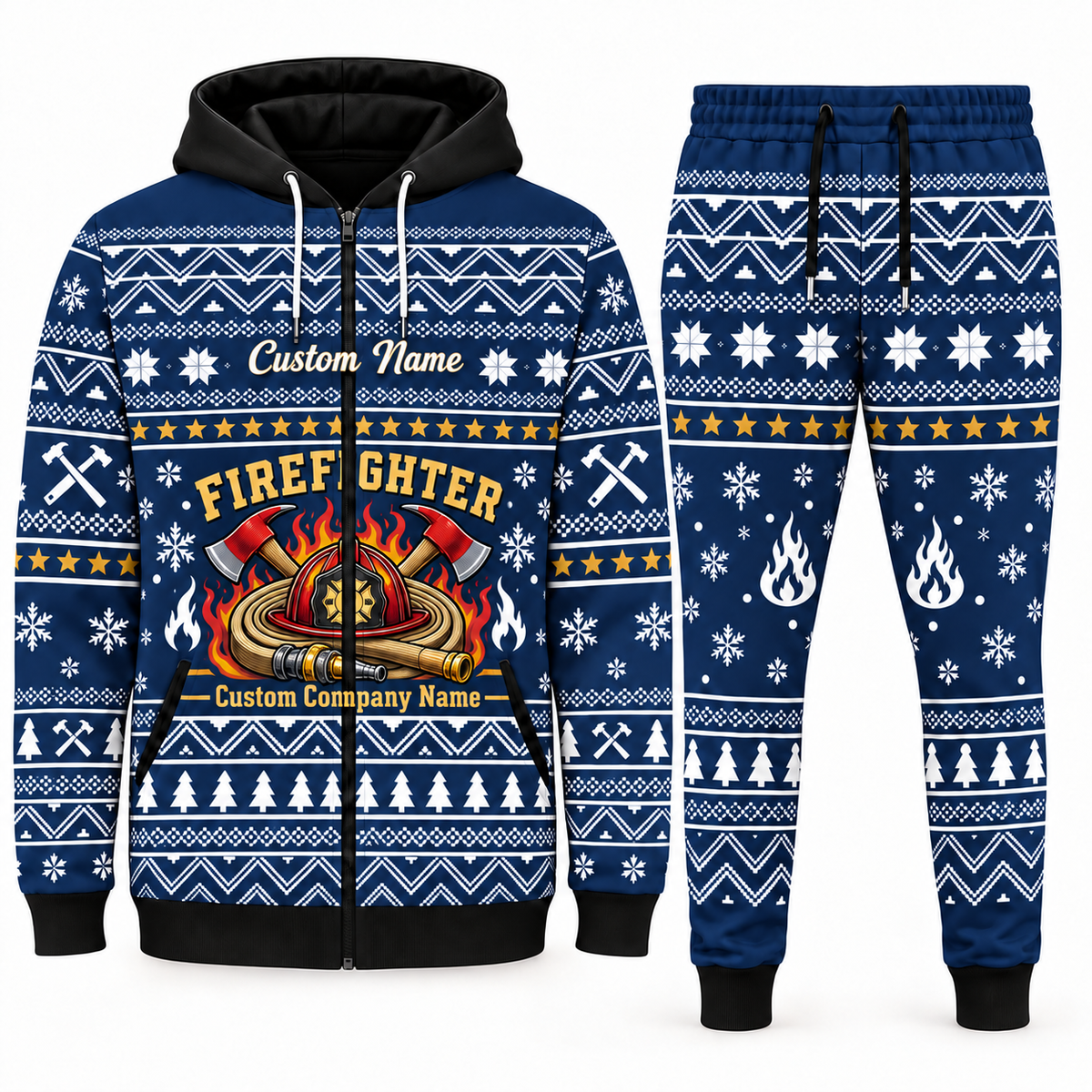 firefighter navy Winter Snowflake full-zip hoodie and jogger combo with Custom Name and Custom Company Name