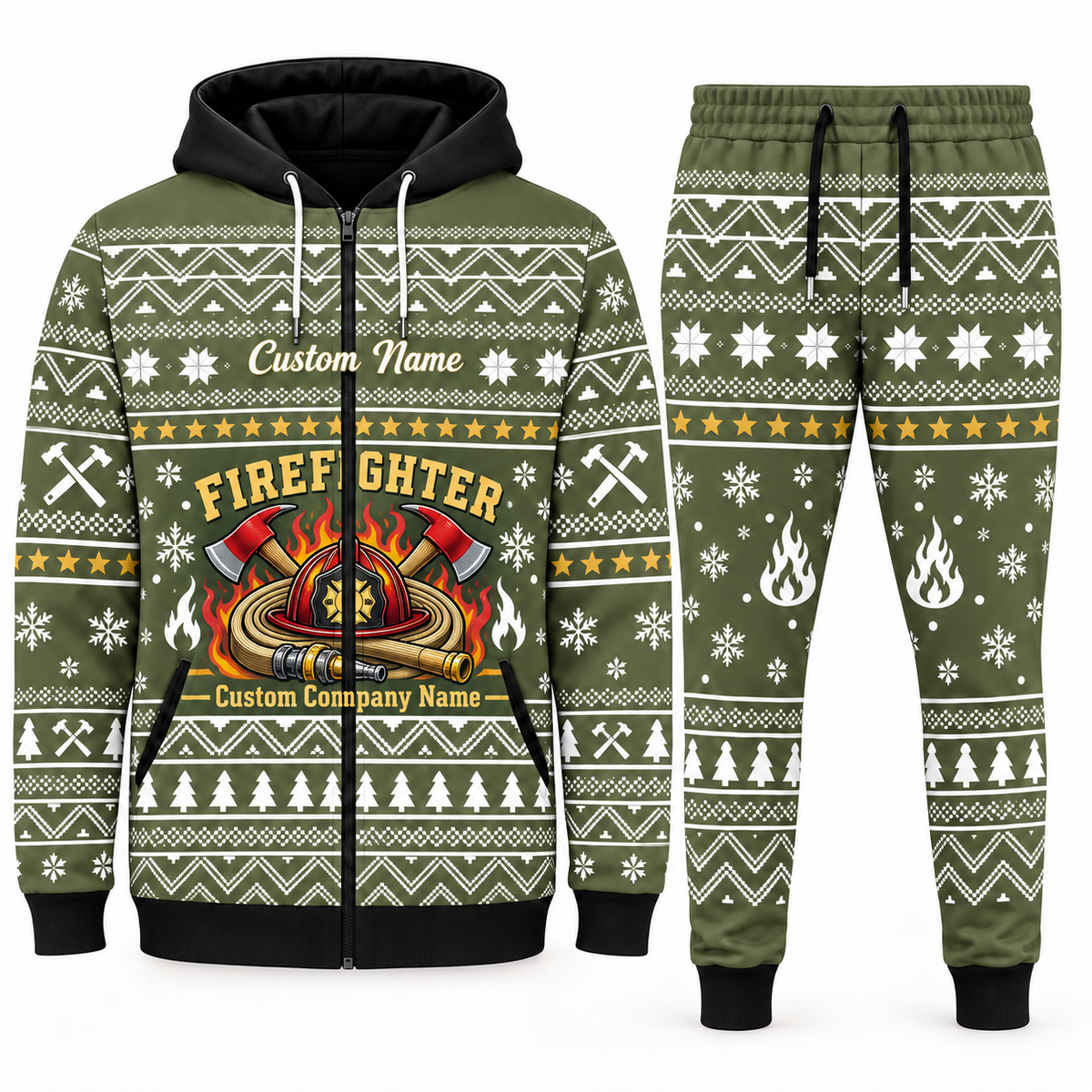 firefighter olive Winter Snowflake full-zip hoodie and jogger combo with Custom Name and Custom Company Name