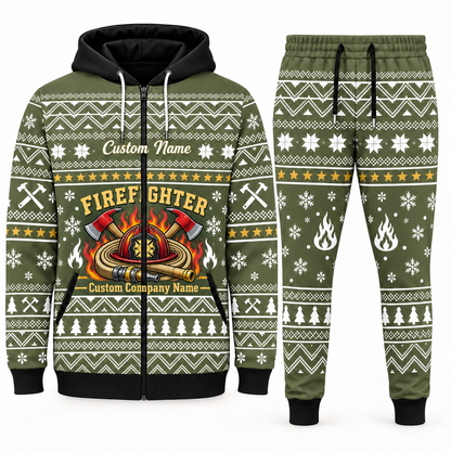 firefighter olive Winter Snowflake full-zip hoodie and jogger combo with Custom Name and Custom Company Name