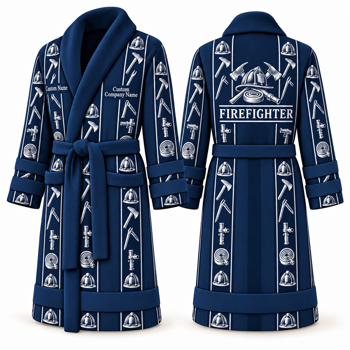 Personalized Firefighter Bathrobe - Workbench Stripes blue front and back view