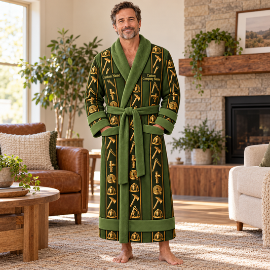 Personalized Firefighter Bathrobe - Workbench Stripes lifestyle view
