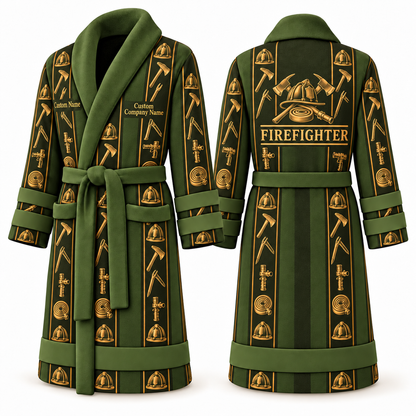 Personalized Firefighter Bathrobe - Workbench Stripes olive front and back view