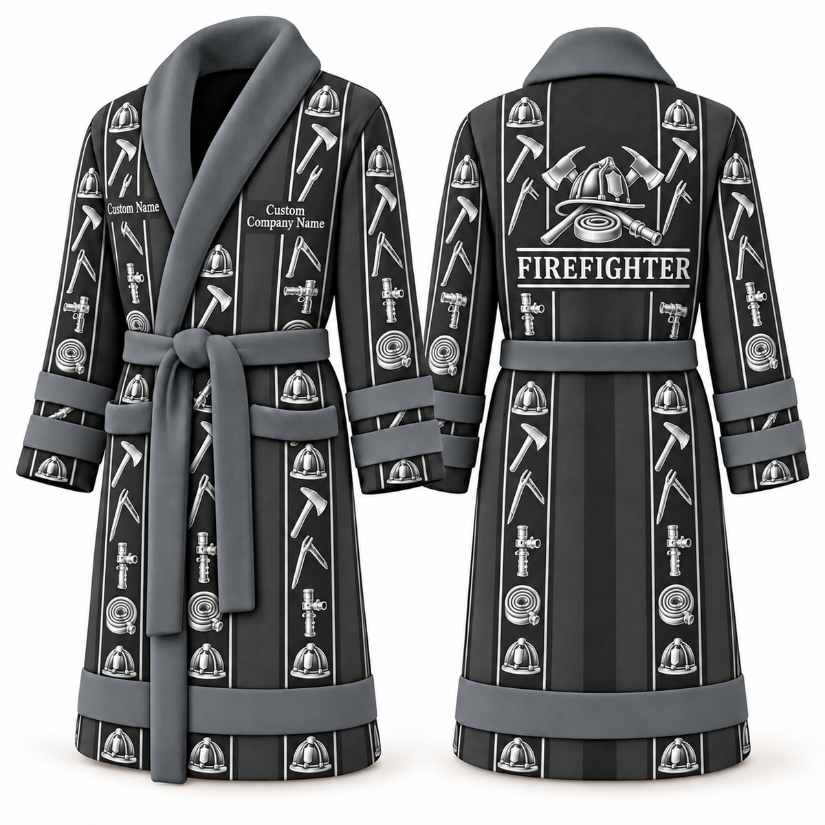 Personalized Firefighter Bathrobe - Workbench Stripes slate front and back view