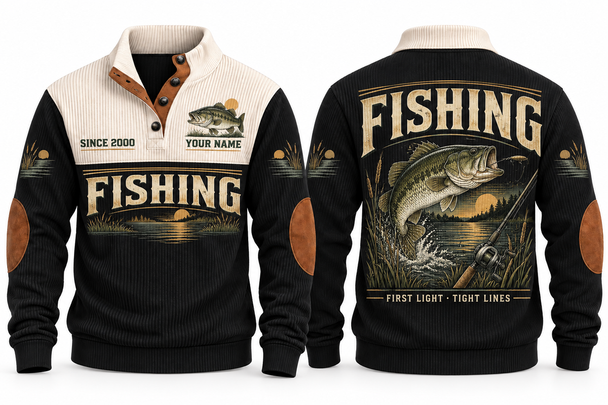 First Light · Tight Lines personalized fishing sports sweatshirt in Black, front and back