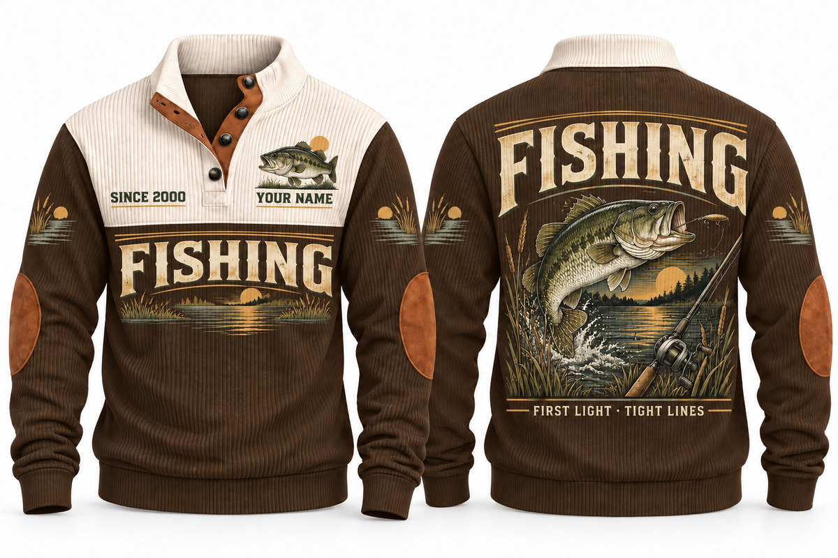 First Light · Tight Lines personalized fishing sports sweatshirt in Brown, front and back