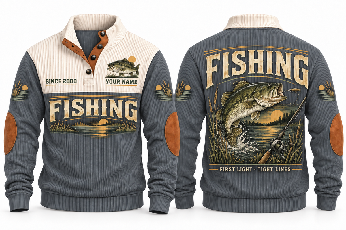 First Light · Tight Lines personalized fishing sports sweatshirt in Grey, front and back