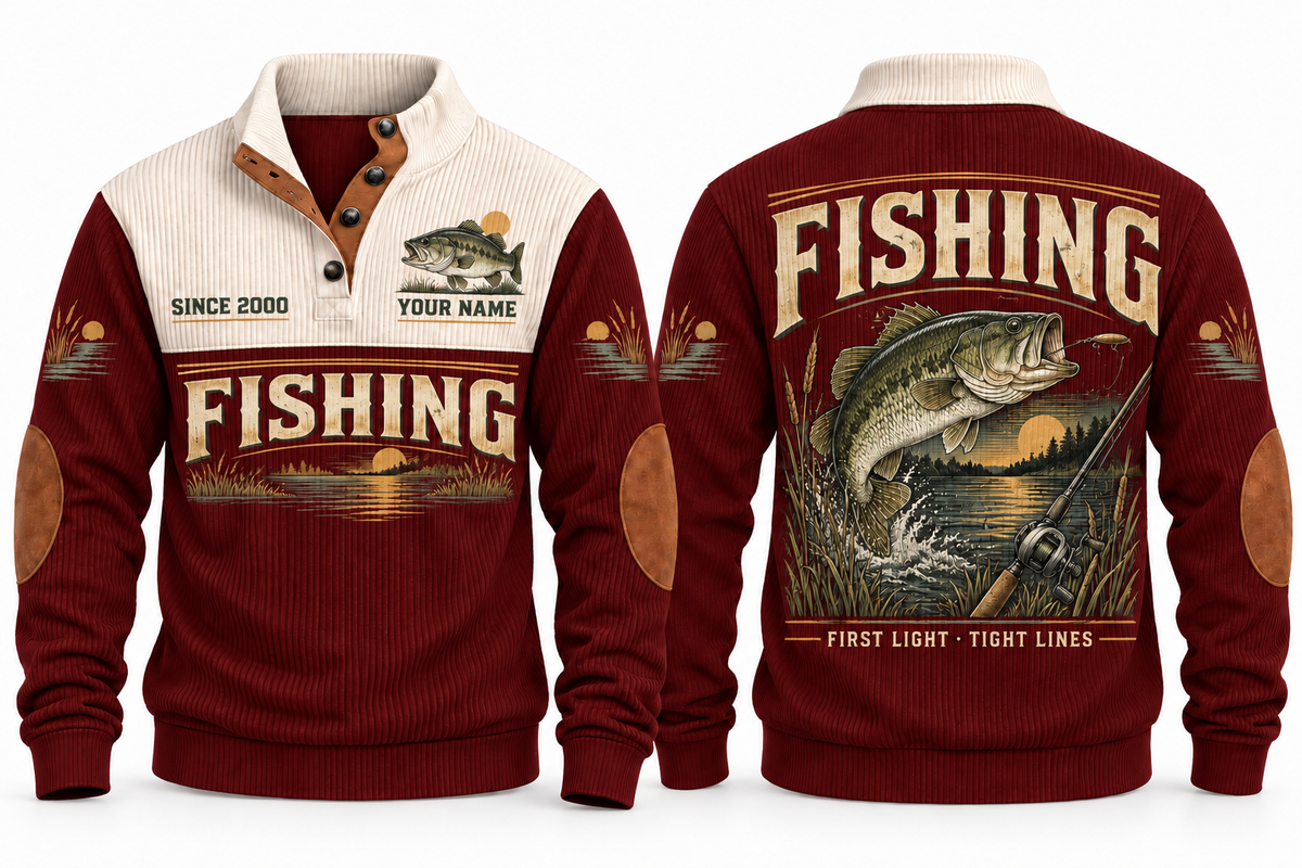 First Light · Tight Lines personalized fishing sports sweatshirt in Jujube Red, front and back