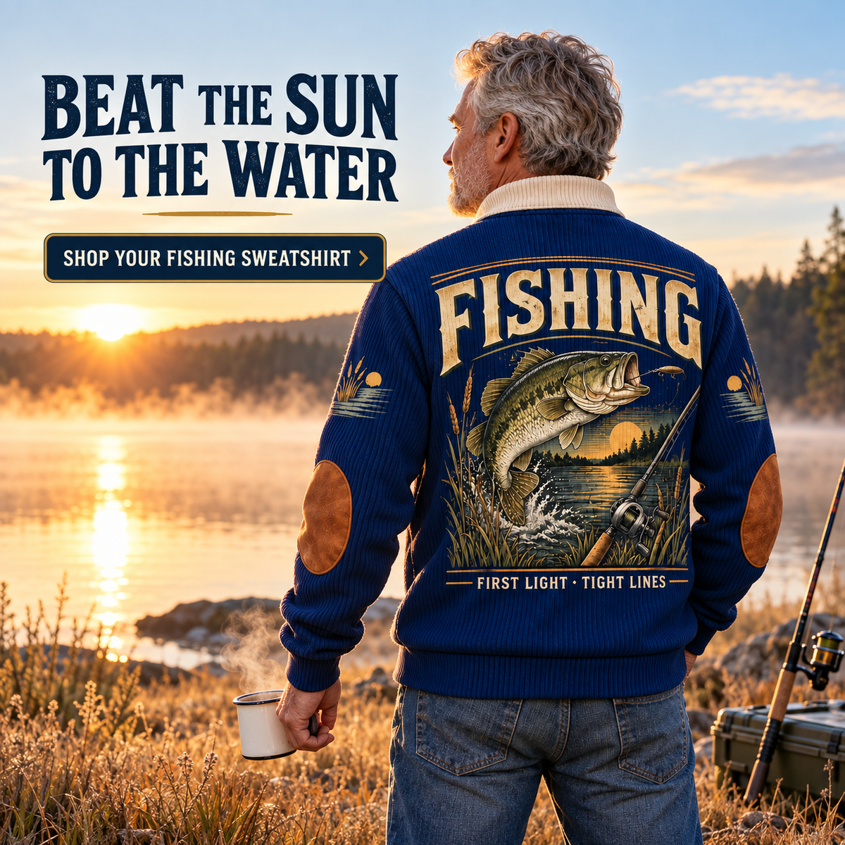 First Light · Tight Lines | Fishing Personalized Sports Sweatshirt lifestyle mockup in Navy