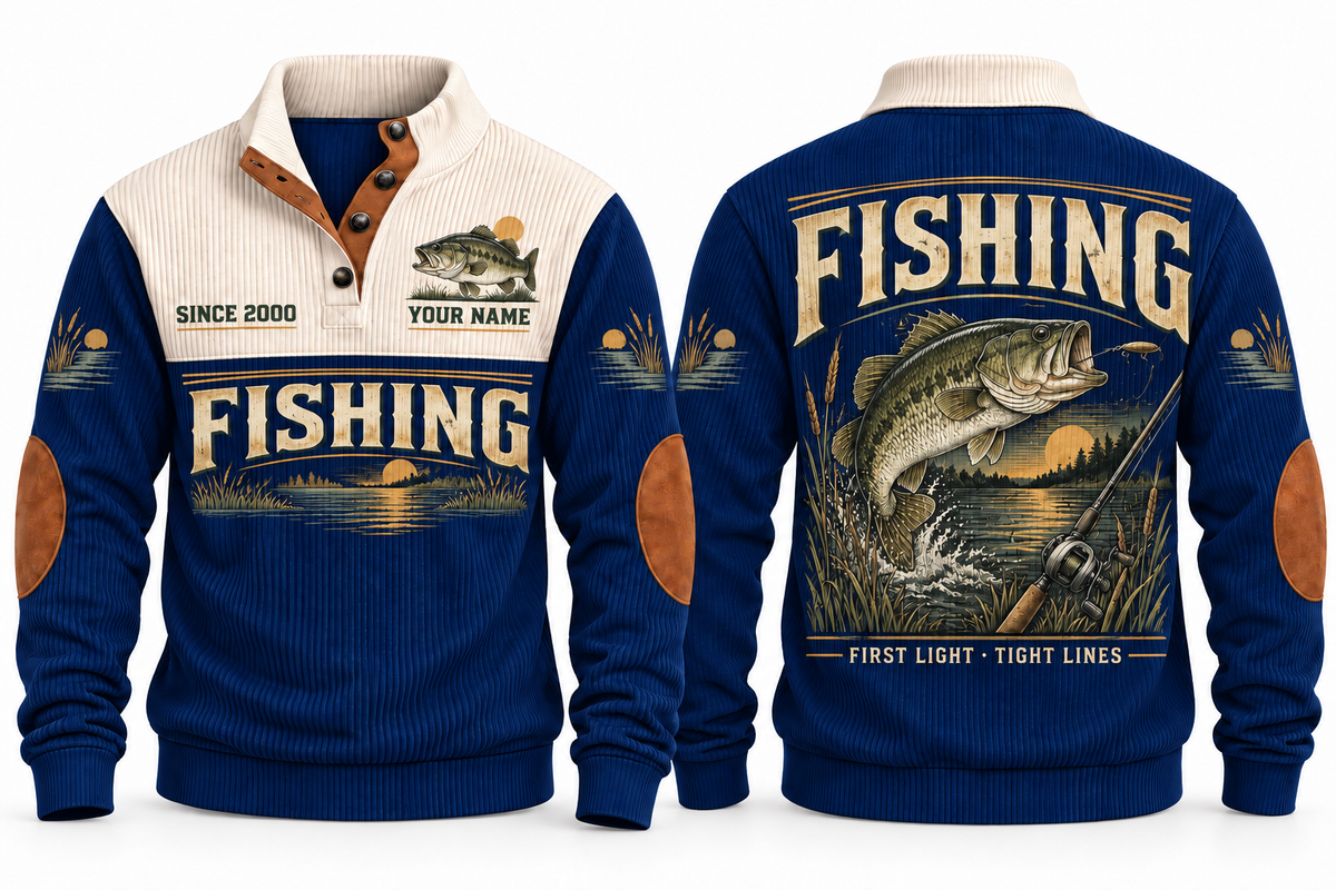 First Light · Tight Lines personalized fishing sports sweatshirt in Navy, front and back